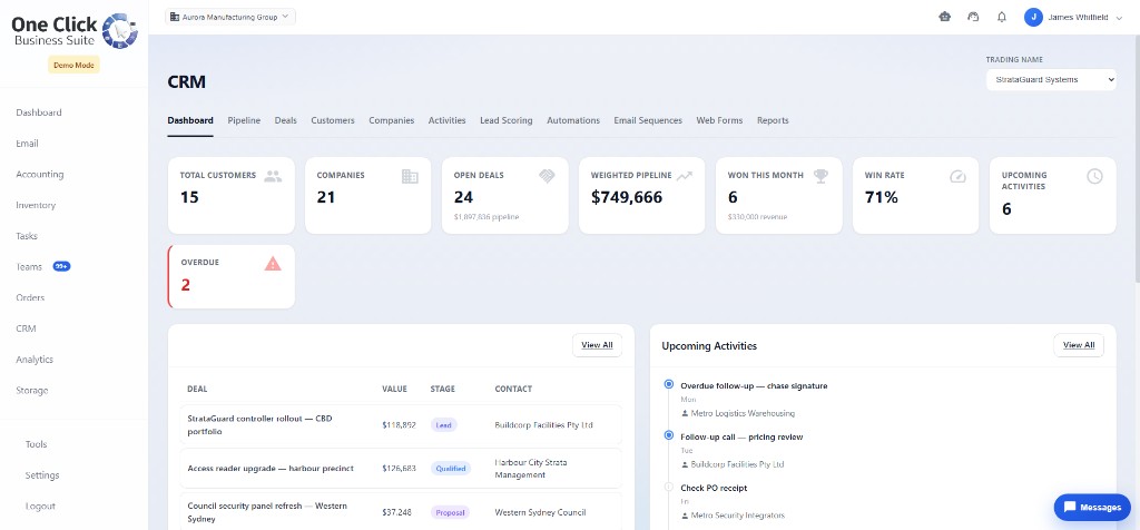 Customer relationship management connected to orders, invoicing and tasks