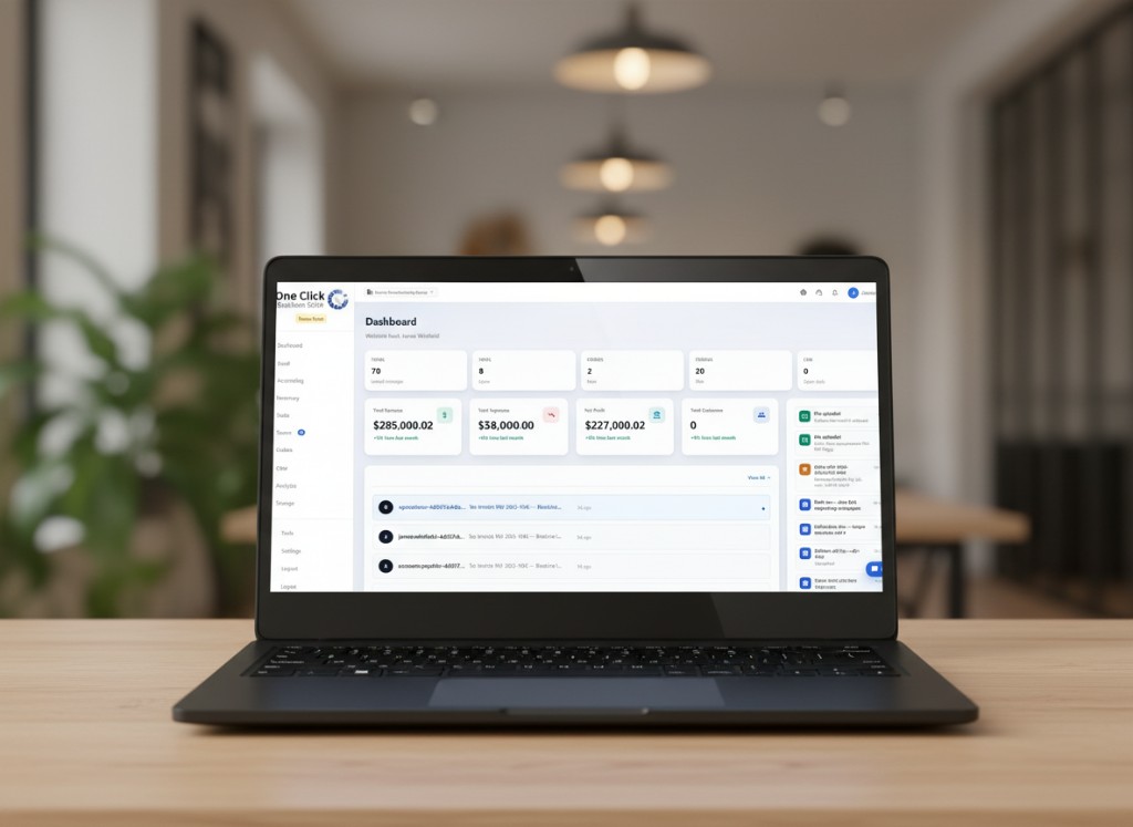 One Click Business Suite dashboard displayed on a laptop in a modern workspace
