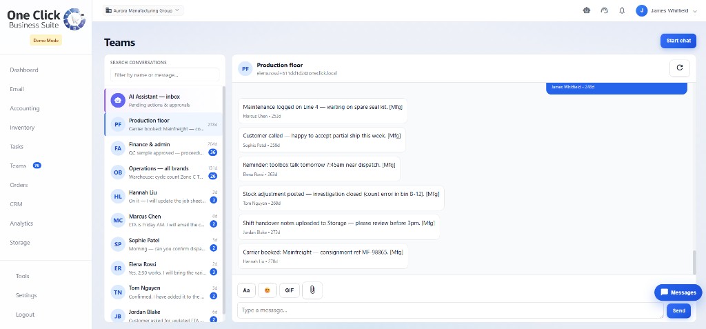 Team chat and meeting coordination inside the organisation workspace