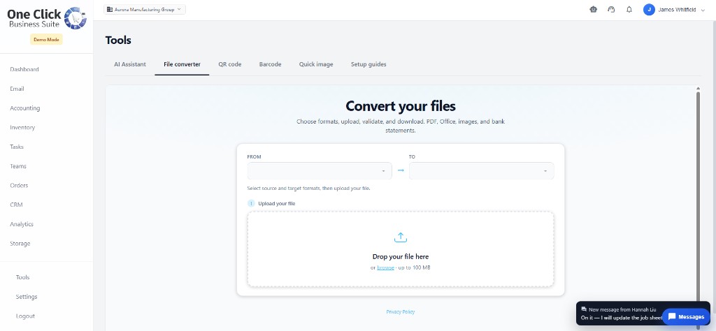 Built-in utilities including QR codes, barcodes, and setup guides